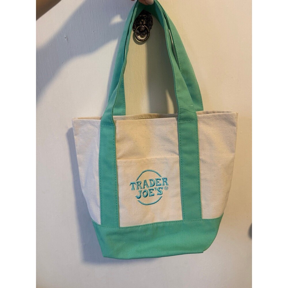 Trader Joe’s Mini Canvas Tote Bag Green Cream Reusable Grocery Bag NEW